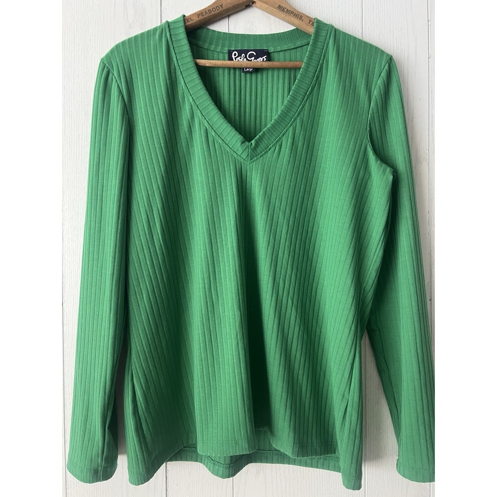 Lesley Evers Large Green Ribbed  V-Neck Top Shirt Luxury Minimalist Long Sleeve